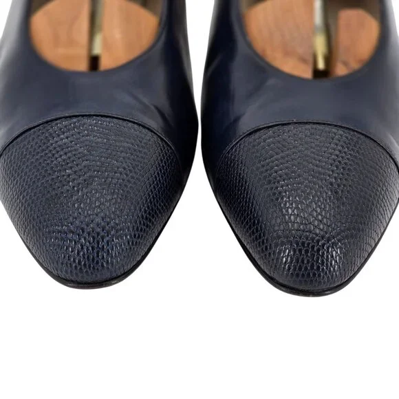 Vintage Salvatore Ferragamo Womens 9AA Navy Leather Reptile Embossed Dress Pumps - Picture 9 of 9